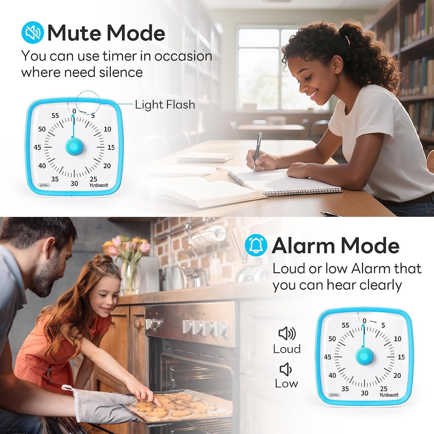 Yunbaoit Visual Timer with Night Light, 60 Minute Countdown, Light Blue | 3 Alarm Modes, Mute Flash, for Kids and Adults, Time Management Tool for Classroom, Home, School, and Work
