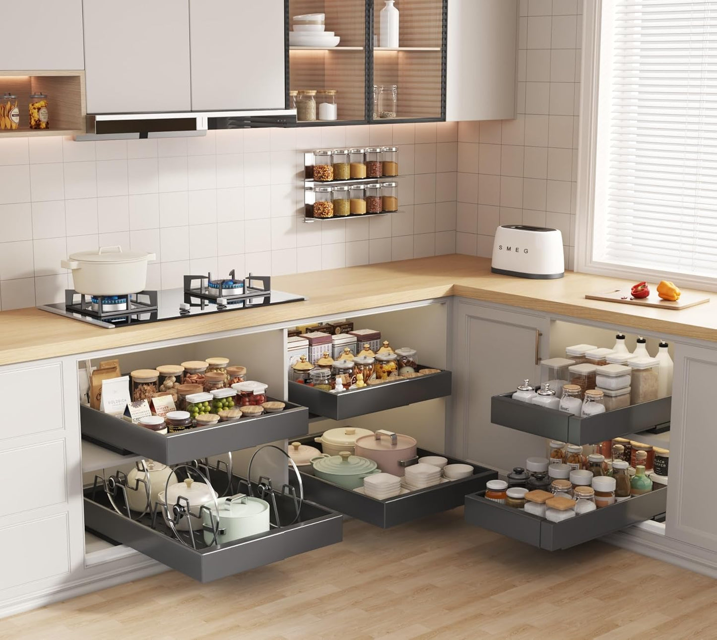 Seinloes 2Pack Pull out Cabinet Organizer 21"Deep with 4 Adjustable Dividers,Expandable（12.1"-20.4"W） Pots and Pans Organizer Under Cabinet with Raising Pad for Framed Cabinets,Slide out Drawers,White