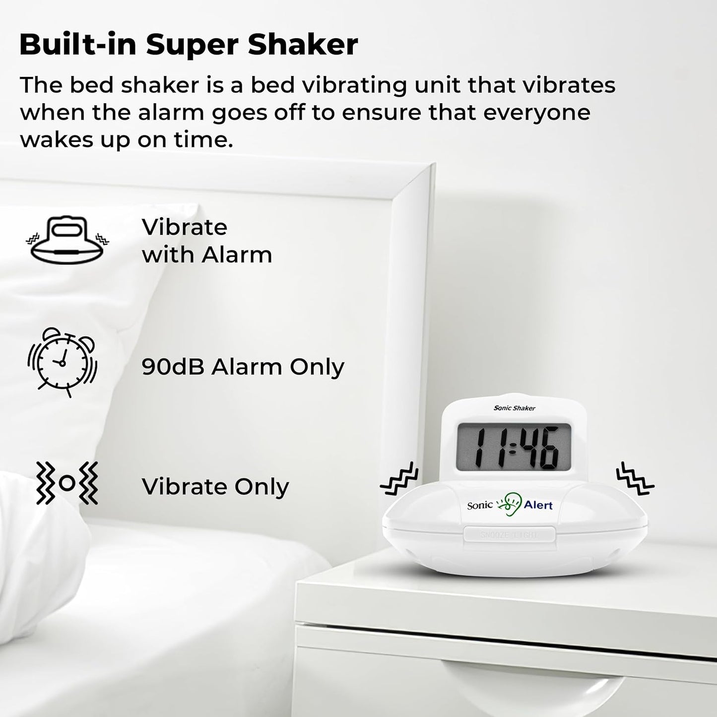 Sonic Alert Digital Alarm Clock - Travel Alarm Clock for Heavy Sleepers - Bed Shaker Alarm Clock - Vibrating Alarm Clock Under Pillow - Battery Operated – White