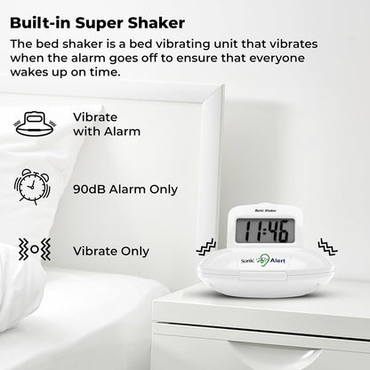 Sonic Alert Digital Alarm Clock - Travel Alarm Clock for Heavy Sleepers - Bed Shaker Alarm Clock - Vibrating Alarm Clock Under Pillow - Battery Operated – White