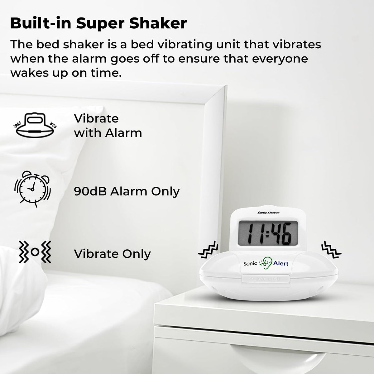 Sonic Alert Digital Alarm Clock - Travel Alarm Clock for Heavy Sleepers - Bed Shaker Alarm Clock - Vibrating Alarm Clock Under Pillow - Battery Operated – White