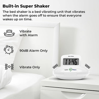 Sonic Alert Digital Alarm Clock - Travel Alarm Clock for Heavy Sleepers - Bed Shaker Alarm Clock - Vibrating Alarm Clock Under Pillow - Battery Operated – White