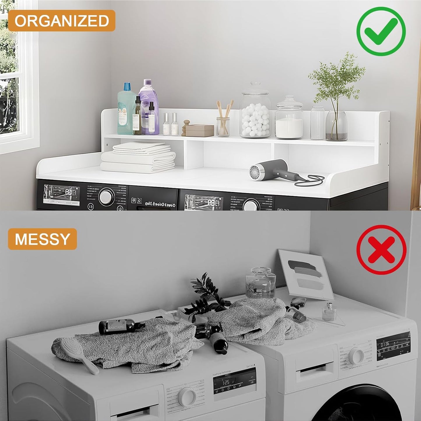 Washer Dryer Countertop with Shelf, 2-Tier Laundry Countertop Over Washer and Dryer, 54" x 27.55" Wooden Table for Folding Clothes for Laundry Room Organization and Storage (Oak)