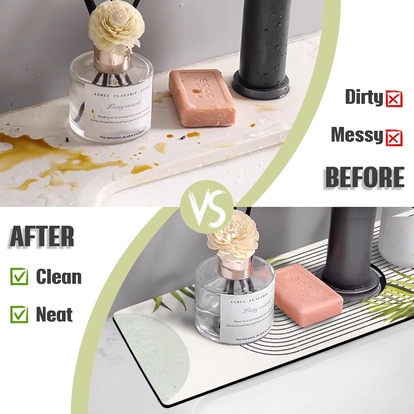 Sink Faucet Absorbing Mat, 2 Pack Drying Mat Around Faucet Sink Splash Guard Behind Faucet Sinkmat For Kitchen Bathroom Island Rv 24 * 5.5 Inch (60 * 14 cm)