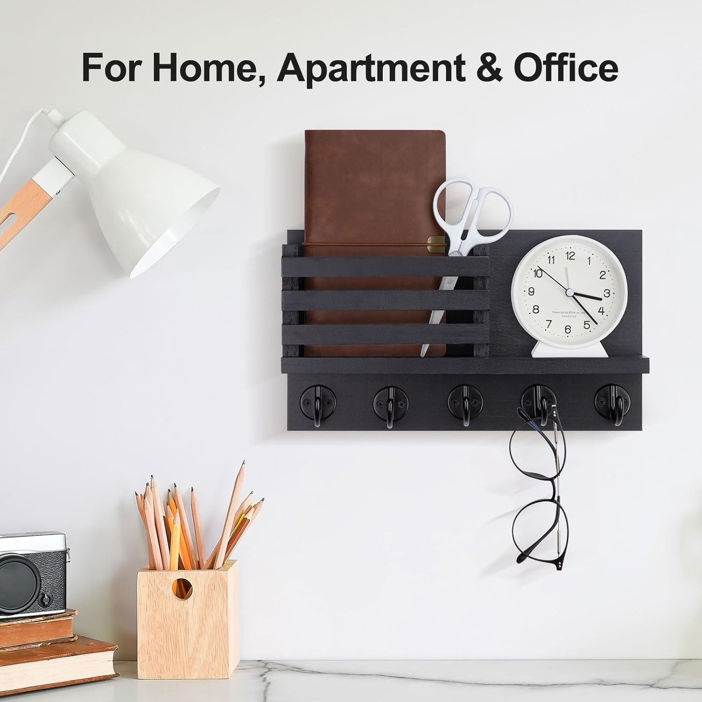 Lwenki Key Holder for Wall – Decorative Wooden Mail Holder and Key Shelf with Mounting Hardware, Installation Guide – Paulownia Wood with Metal Key Hooks (Black, Large - 11.8inch)