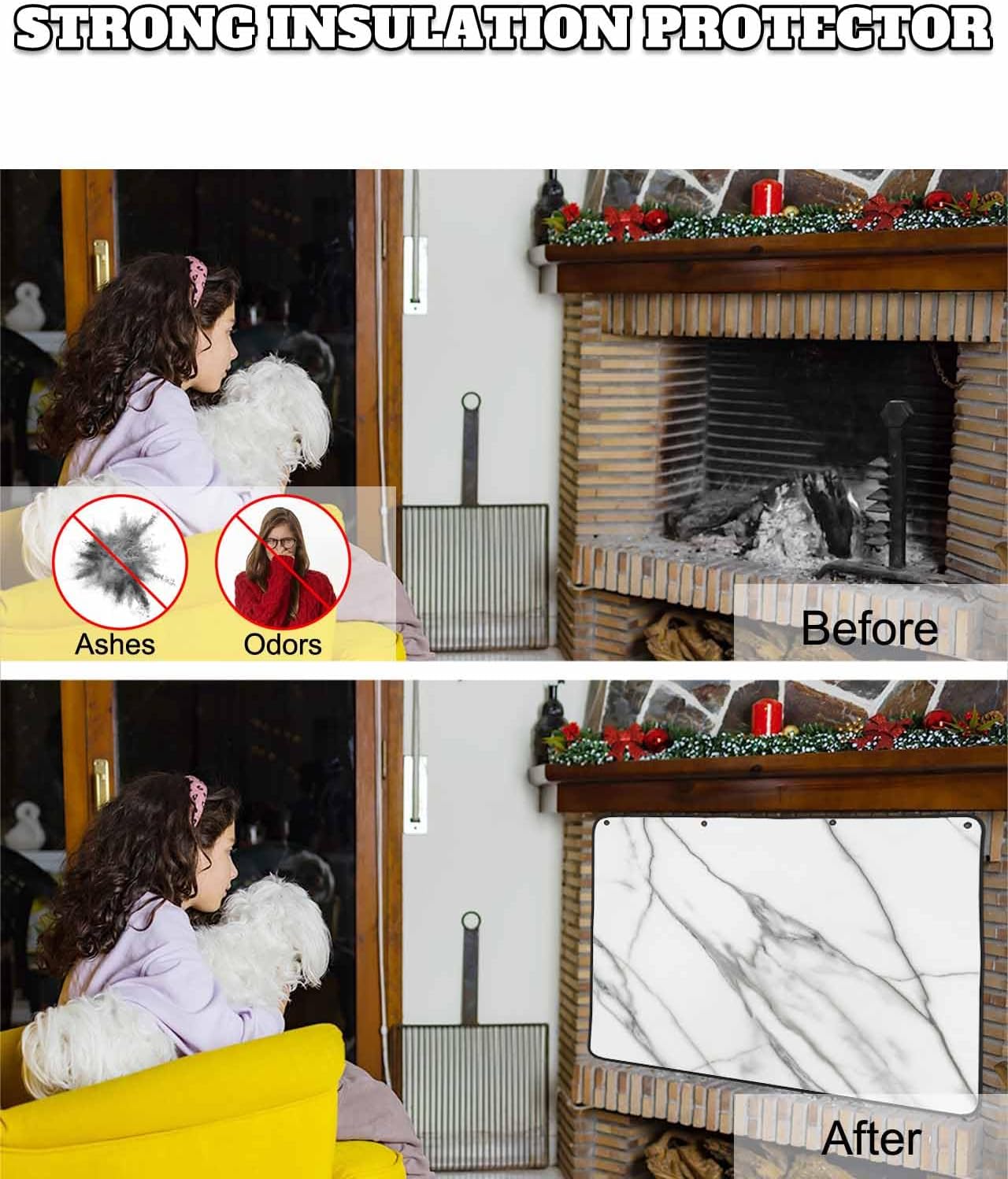 Marble White Magnetic Fireplace Cover, Fireplace Draft Blocker, Ombre Grey Modern Minimalist Fireplaces Blanket for Heat Loss/Cold Air, Fireplaces Draft Stopper Cover for Inside 36''x30''