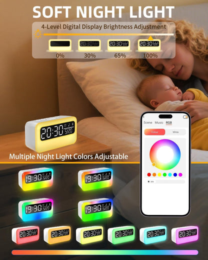 4-in-1 Night Light for Kids Adults, White Noise Sound Machine with 24 Soothing Sounds Portable Rechargeable Adjustable Brightness Light, Bluetooth Speaker Time Display, App Control