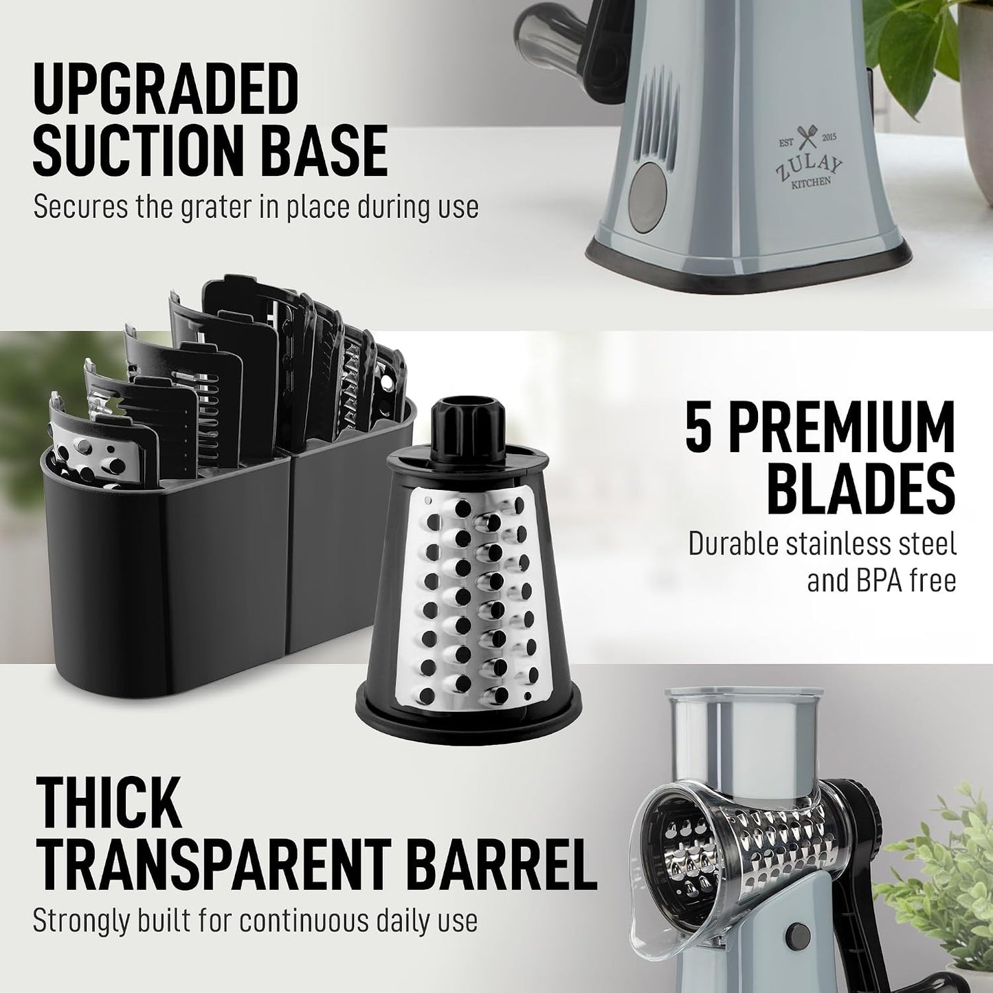 Zulay Kitchen Rotary Cheese Grater 5 Blade Cheese Shredder - Manual Hand Crank Cheese Grater With Reinforced Suction & 5 Interchangeable Drums - Easy to Use, Vegetable Chopper Round Mandoline Slicer - Colors A