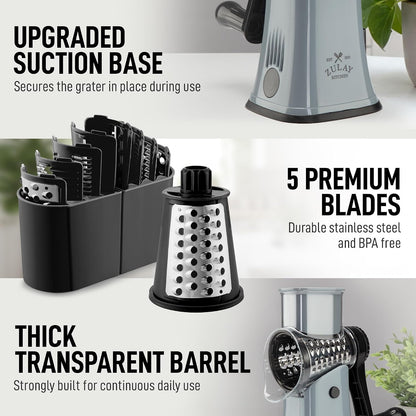 Zulay Kitchen Rotary Cheese Grater 5 Blade Cheese Shredder - Manual Hand Crank Cheese Grater With Reinforced Suction & 5 Interchangeable Drums - Easy to Use, Vegetable Chopper Round Mandoline Slicer - Colors A