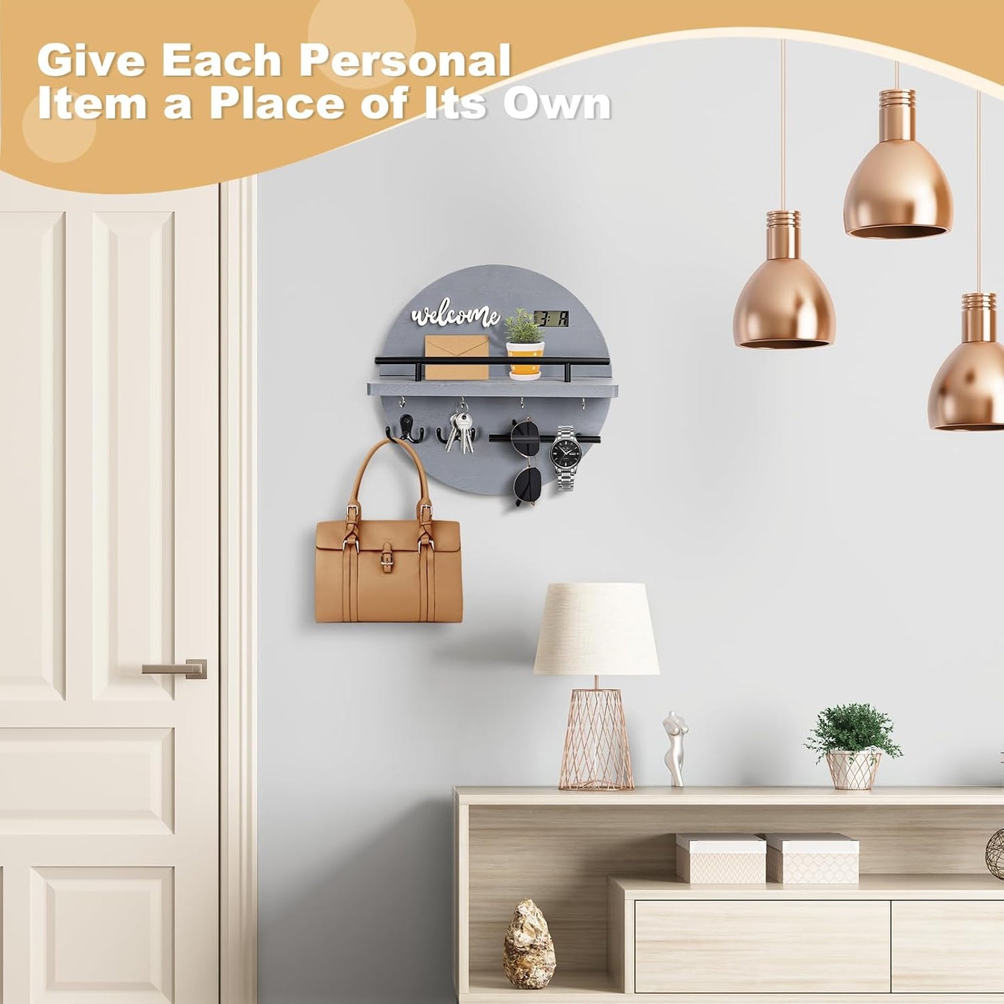 Key Holder for Wall, Key and Mail Holder Organizer with - Key Holder Wall Mount - Round Wooden Rustic Home Decor for Entryway, Mudroom, Hallway, Kitchen Office (Black)