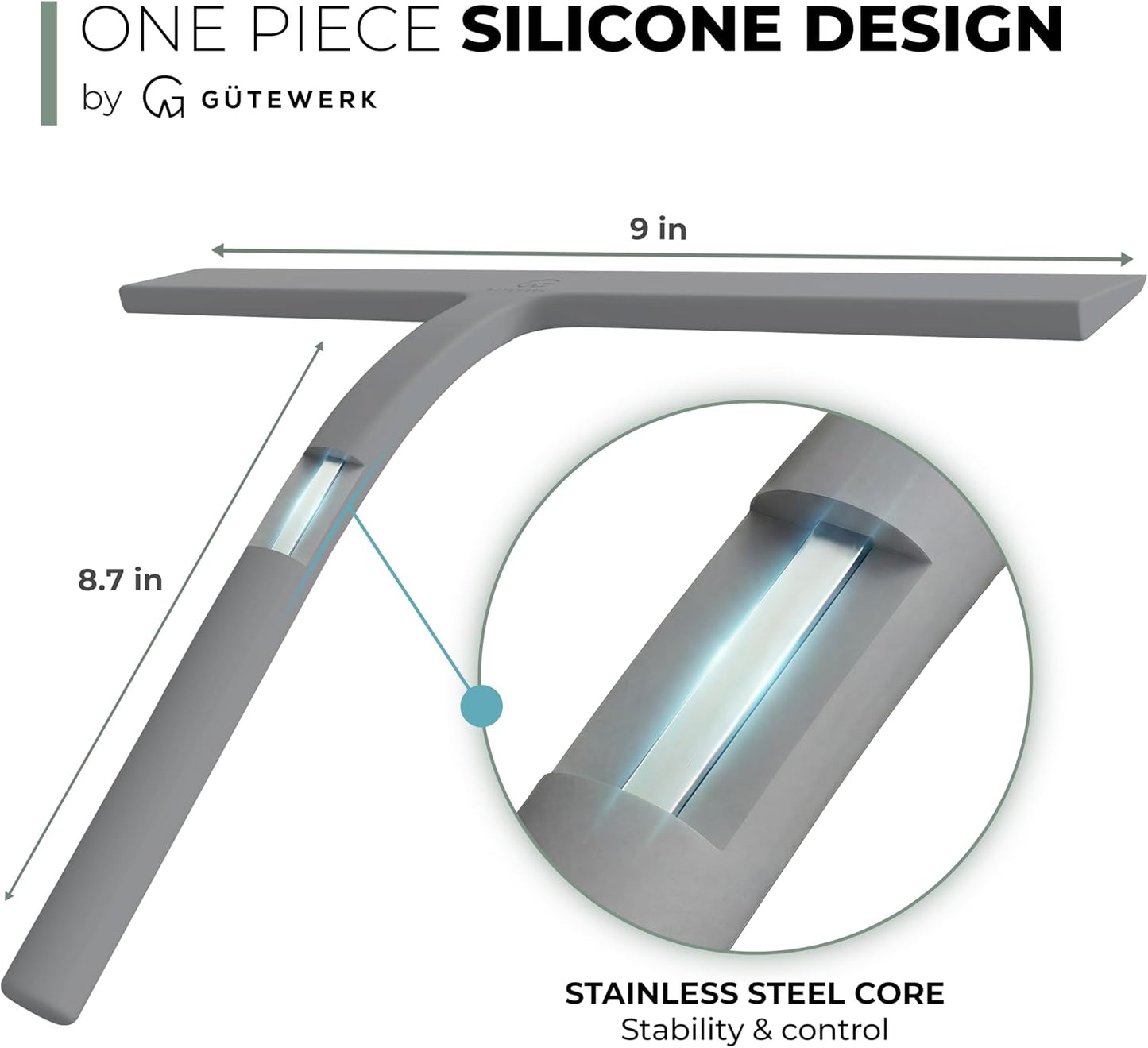 Silicone Shower Squeegee with 3-in-1 No-Drill Mount, Black, 9'' | Squeegee for Glass Doors & Mirrors with Stainless Steel Core, Streak-Free & No-Squeak Window Cleaning, Hook/Suction/Adhesive