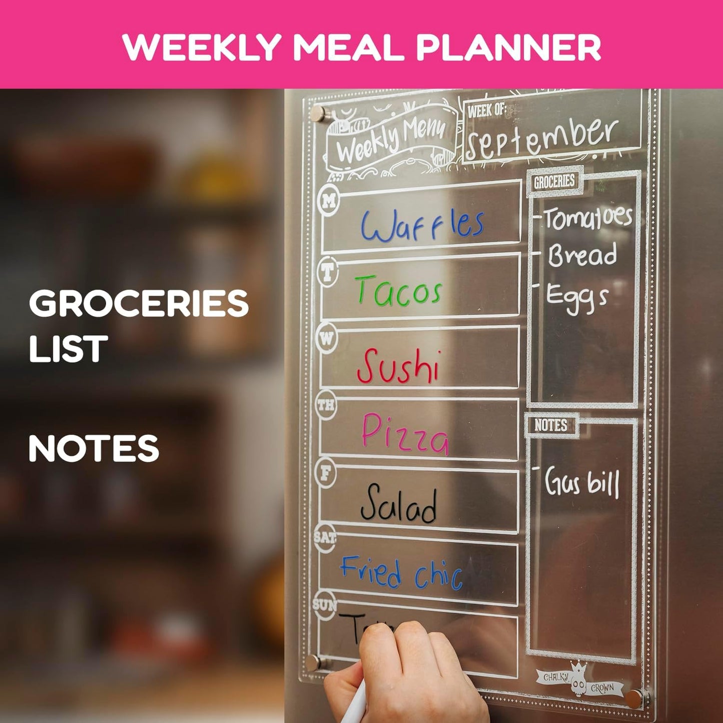 CHALKY CROWN Magnetic Dry Erase Menu Board - Black - 15.6" x 11.6" | Magnetic Weekly Meal Planner & Grocery List for Fridge - Includes 4 Liquid Chalk Markers - Easy to Write & Wipe Clean Design