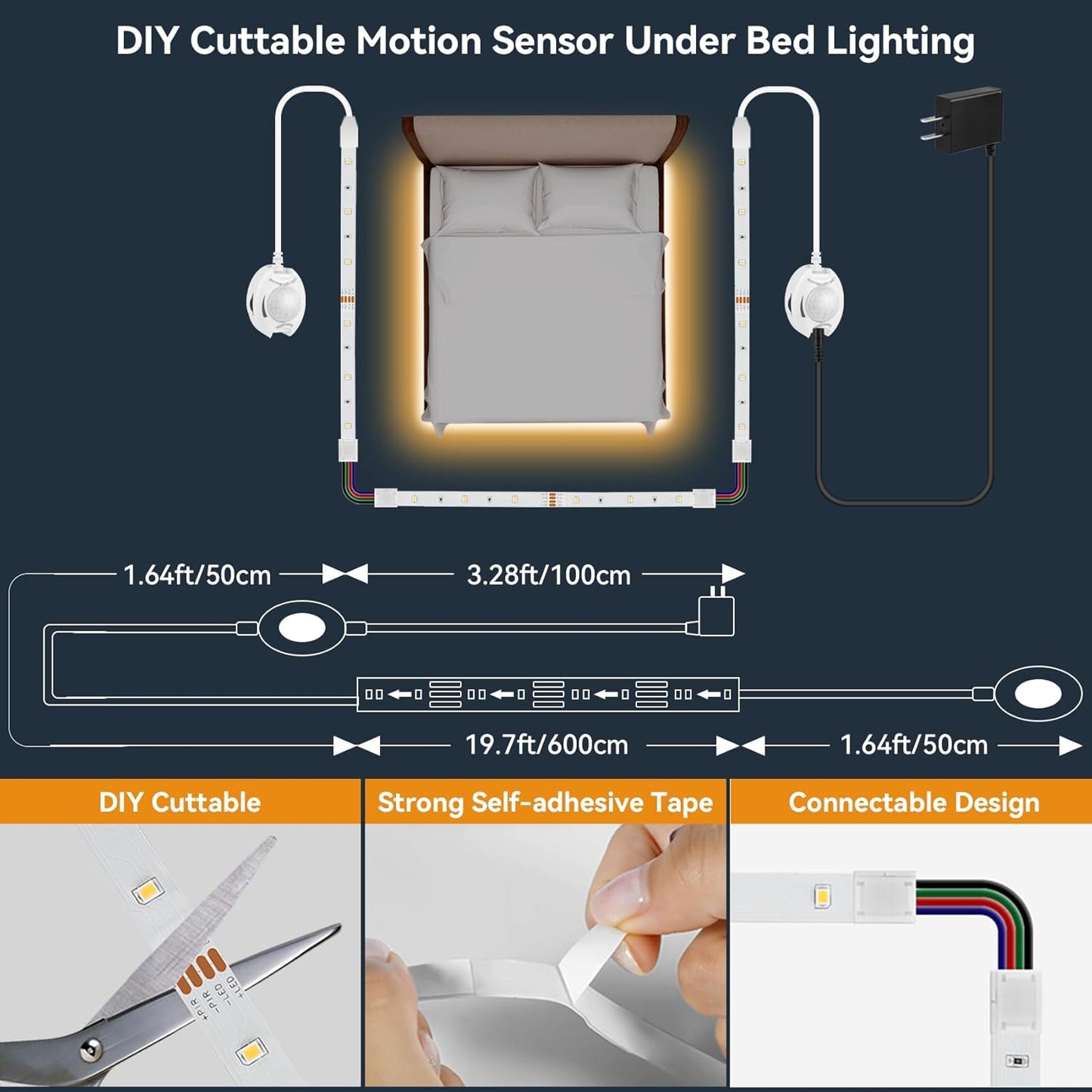 Dual Motion Sensor Light Strip Indoor Under Bed Lights Warm White 16.4Ft | Motion Activated LED Strip Lights, Auto On/Off, Two-End Motion Sensors Night Lighting 12V For Bedside Stair Cabinet Hallway