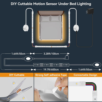 Dual Motion Sensor Light Strip Indoor Under Bed Lights Warm White 16.4Ft | Motion Activated LED Strip Lights, Auto On/Off, Two-End Motion Sensors Night Lighting 12V For Bedside Stair Cabinet Hallway