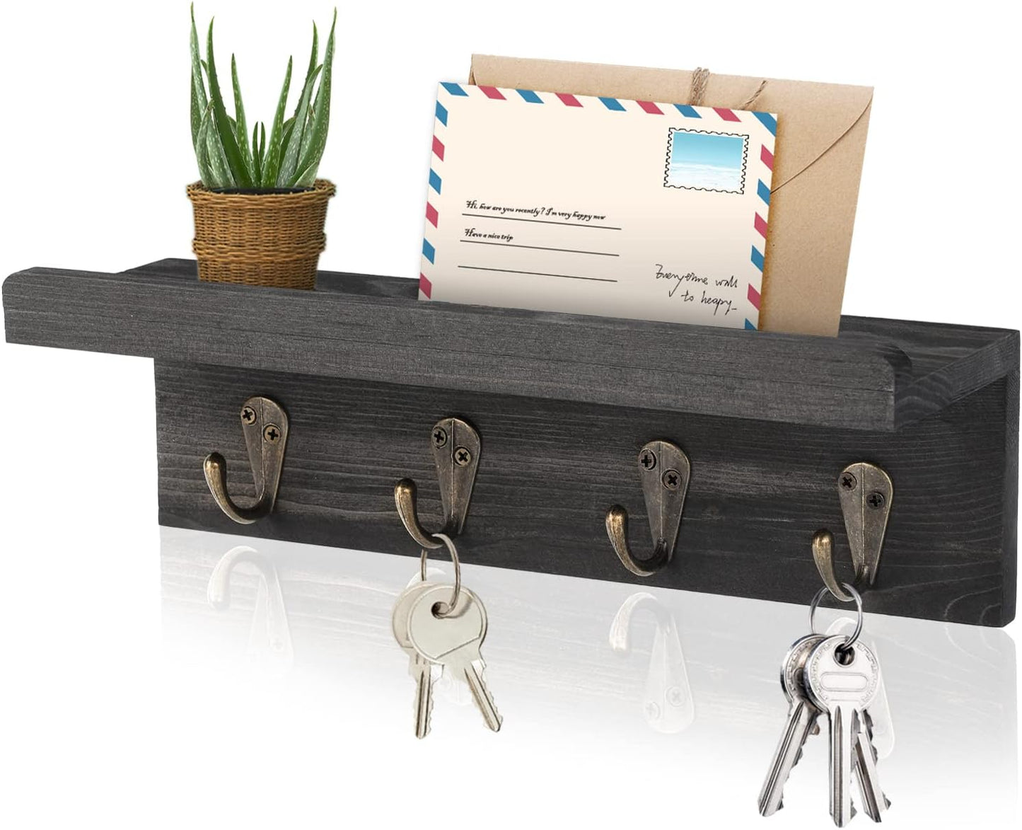 HRONRAD Rustic Key Holder for Wall, Farmhouse Wall Shelf with 4 Hooks, Wall Mounted Key Racks, Wooden Mail Organizer with Hooks for Entryway (Brown - Pine)
