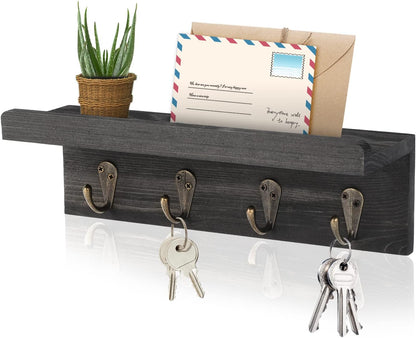 HRONRAD Rustic Key Holder for Wall, Farmhouse Wall Shelf with 4 Hooks, Wall Mounted Key Racks, Wooden Mail Organizer with Hooks for Entryway (Brown - Pine)