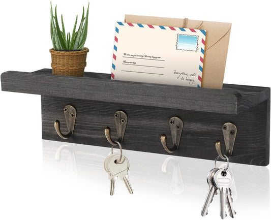 HRONRAD Rustic Key Holder for Wall, Farmhouse Wall Shelf with 4 Hooks, Wall Mounted Key Racks, Wooden Mail Organizer with Hooks for Entryway (Brown - Pine)
