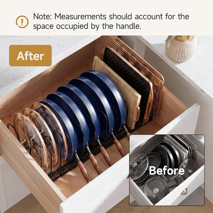 MUDEELA Pot Lid Organizer for Cabinet, Adjustable Baking Pan Rack 7 Slots | 7 Adjustable Divider, Tool-Free Assembly,Non-Slip, Scratch-Proof, Sturdy Metal Frame, For Pan Lid Cutting Board Bakeware