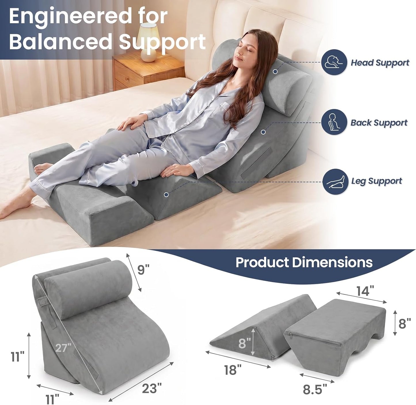 5PCS Wedge Pillow Set for After Surgery, Adjustable Orthopedic Foam Bed Wedge Pillow for Acid Reflux, GERD & Heartburn Relief, Back & Leg Elevation Support for Sleeping & Sitting Up, White Grey