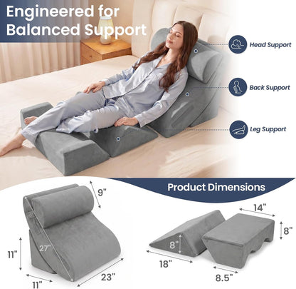5PCS Wedge Pillow Set for After Surgery, Adjustable Orthopedic Foam Bed Wedge Pillow for Acid Reflux, GERD & Heartburn Relief, Back & Leg Elevation Support for Sleeping & Sitting Up, White Grey