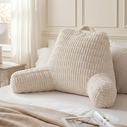 Blissful Diary Reading Pillow, Backrest Pillow with Shredded Memory Foam for Adult & Children, Designed for Bed and Couch Sitting Up, Includes Arms, Pockets and Washable Cover, Off White
