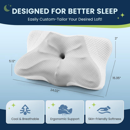 Sweetcrispy Cervical Pillow for Neck and Shoulder - Ergonomic Memory Foam Pillows, Contour Side Sleeper for Adults, Cooling Orthopedic Neck Support for Back Stomach Sleepers, White