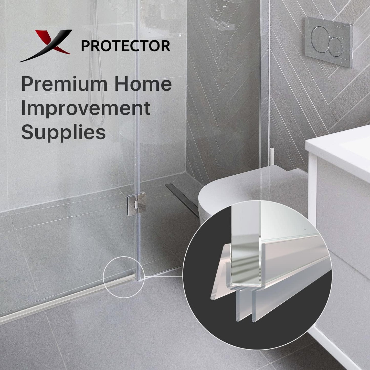 Frameless Shower Door Side Seal X-Protector - 40" Shower Door Seal | Self-Adhesive Shower Door Sweep - Premium Door Side Seal Strip - Silicone Glass Shower Seal Strip for All Door Thicknesses!