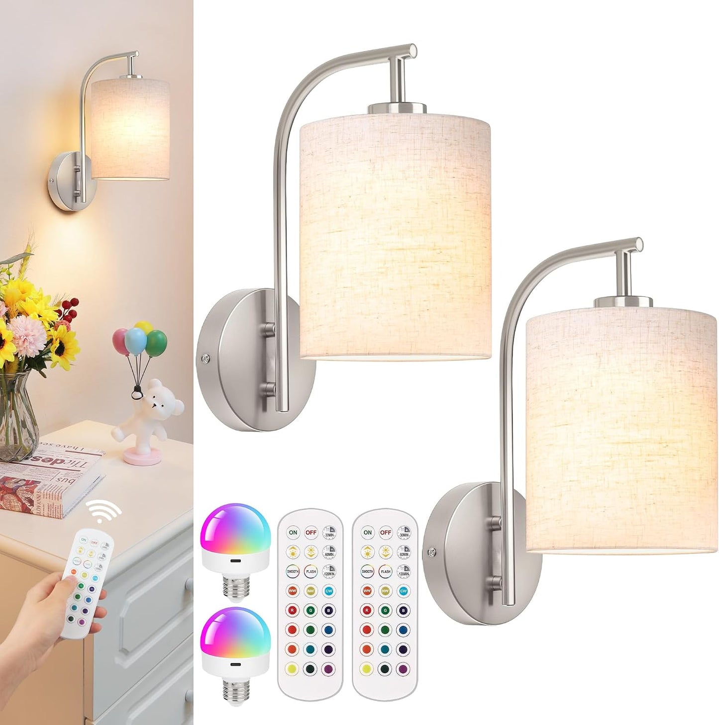 MATAMEYE Battery Operated Wall Sconce Set of 2, Black Rechargeable Wireless Wall Light Fixture with Remote, 12 RGB Colors & Timer, Indoor Dimmable Wall Lamp with Linen Shade