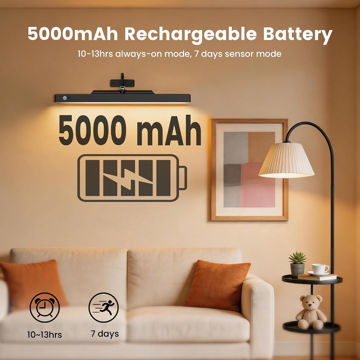 Wireless Picture Light for Wall Art Motion Sensor, 16 Inch, Black, 1 Pack | 5000mAh Rechargeable Battery, Cordless, Magnetic Detachable Bar, 3CCT Dimmable, Remote Control for Paintings and Artworks