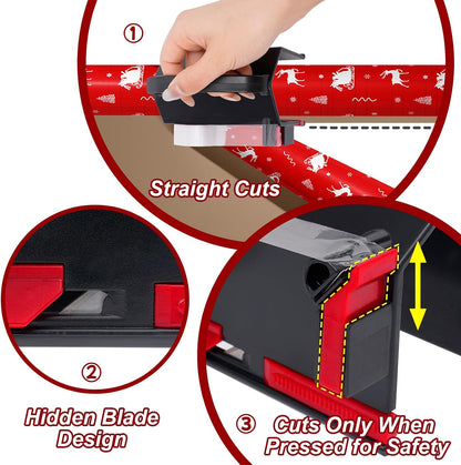 2-in-1 Wrapping Paper Cutter & Tape Dispenser, with 4 Tapes & 2 Blades ﻿ ﻿ | Sliding Gift Wrap Roll Cutter Tool with Replacement Parts, Safe & Precise Cutting for Christmas, Birthday, Crafts & Office,