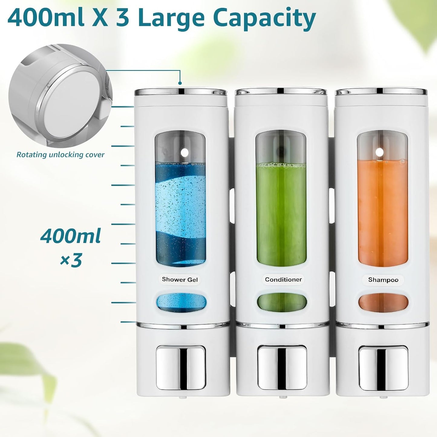 Pollock Shampoo and Conditioner Dispenser Wall Mounted,400ML*3 Chamber | Shower Soap Dispenser No Drilling,Refillable Shampoo Dispenser for Shower,Body Wash Dispenser for Bathroom,White