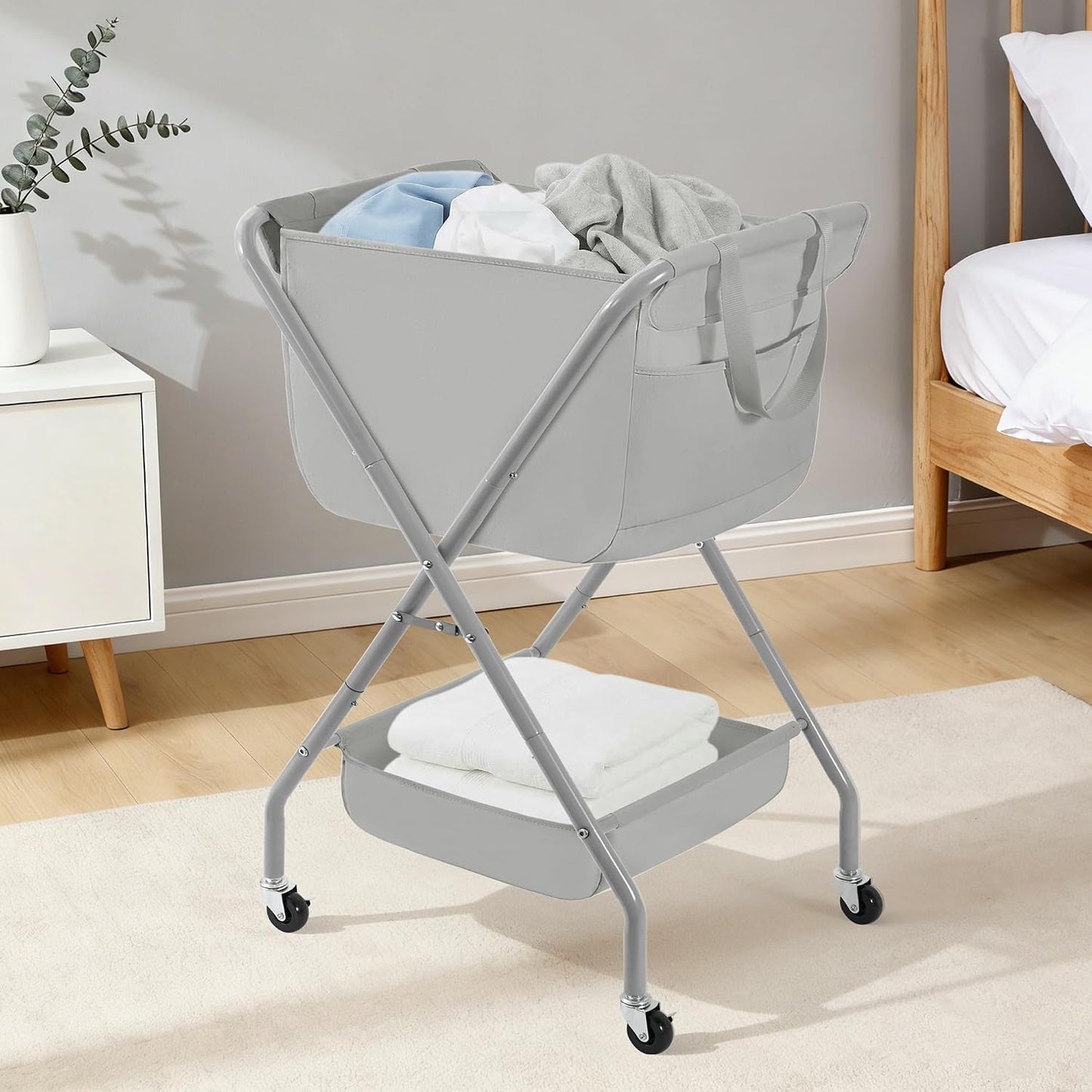 STORAGE MANIAC Collapsible Laundry Cart with Wheels 35.6"H Removable Canvas Bag Rolling Laundry Hamper Clothes Basket with Wheels, Sturdy Steel Frame Folding for Small Narrow Space Easy Storage, Beige