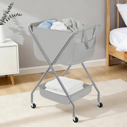 STORAGE MANIAC Collapsible Laundry Cart with Wheels 35.6"H Removable Canvas Bag Rolling Laundry Hamper Clothes Basket with Wheels, Sturdy Steel Frame Folding for Small Narrow Space Easy Storage, Beige