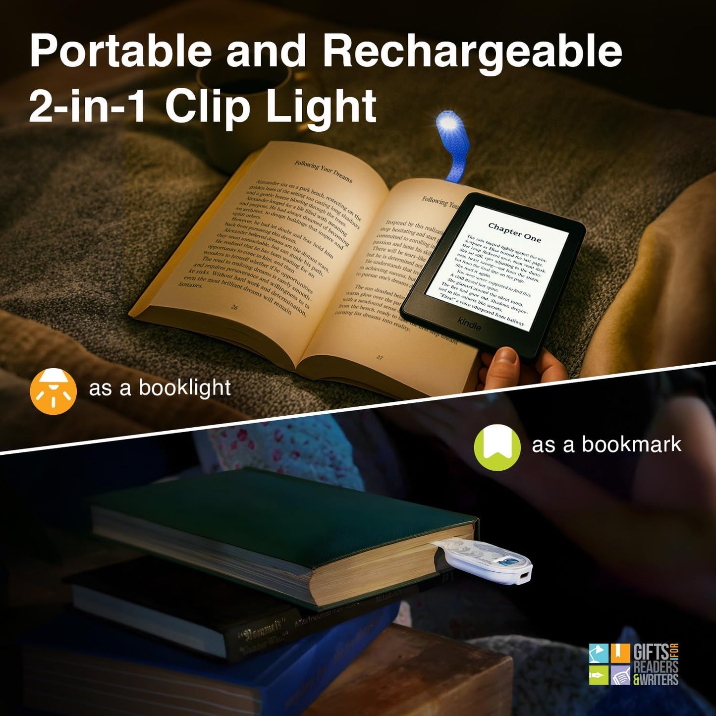 Gifts for Readers & Writers Rechargeable Book Light for Kids, Clip On Reading Light for Bed, 2in1 Flexilight Pals & Bookmark, 12 Hours of Light Once Charged, Includes USB Cable & 2 LED Lights, Dog