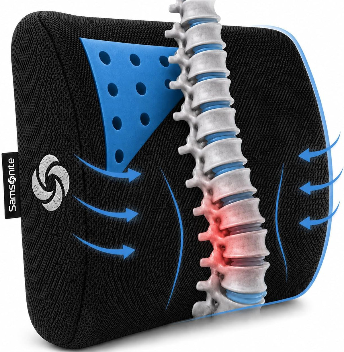Samsonite Lumbar Support Pillow for Office Chair, Lower Back Support for Car, Back Pillow Desk Chair Cushion with Memory Foam, Improved Posture Backrest