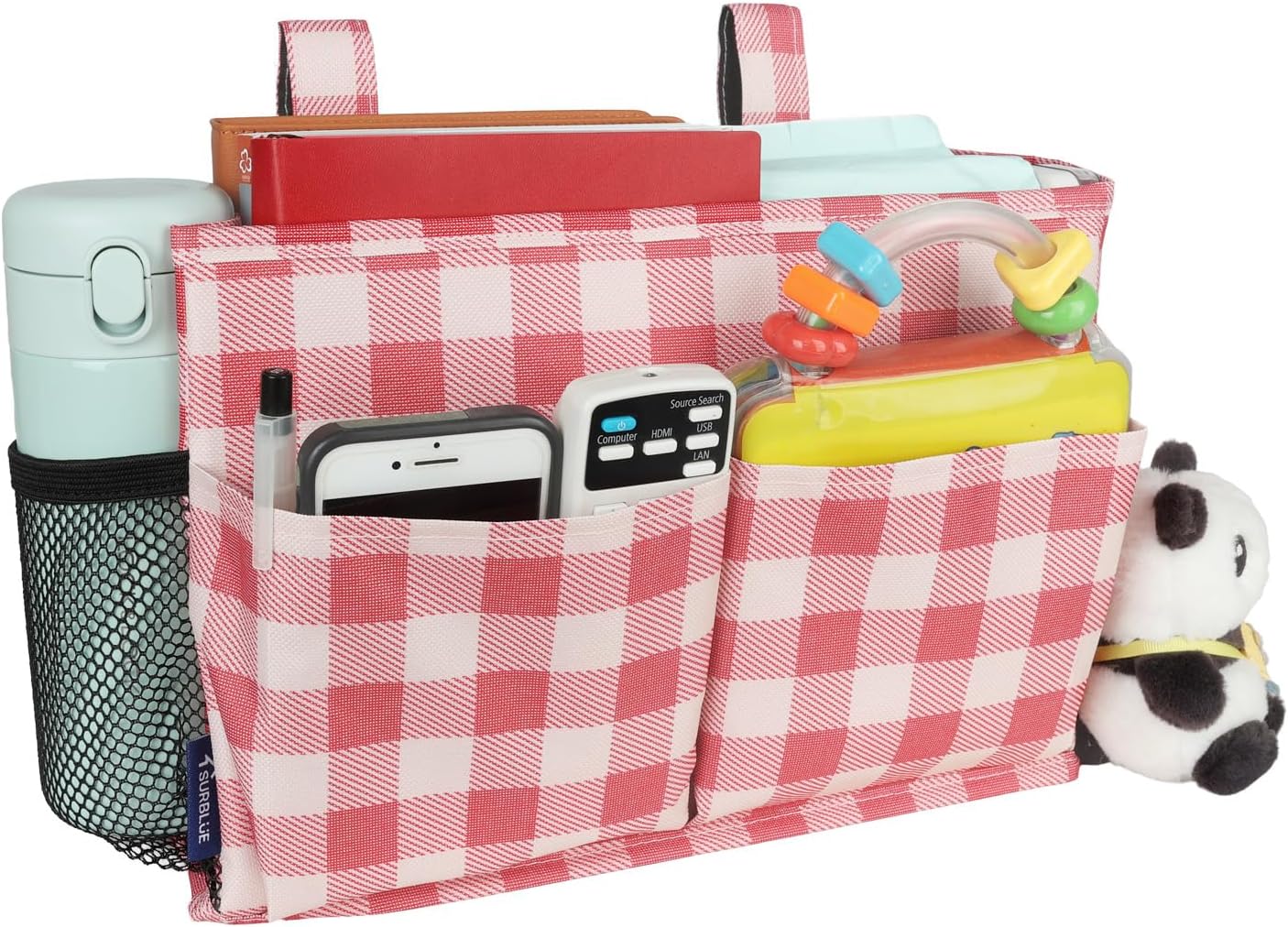 Surblue Bedside Caddy Hanging Organizer Storage Bag Pocket for Bunk, Hospital, College Dorm Rooms, Baby Bed Rails, Camp - 4 Pockets, 2 Hooks (Blue)