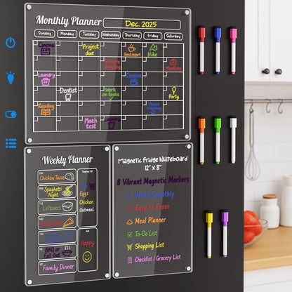 3 Pack Acrylic Calendar for Fridge, Magnetic Calendar for Refrigerator, 16"x12" Dry Erase Whiteboard Fridge Calendar,2026 Clear Monthly Weekly Daily Memo Planning Board with 8 Markers