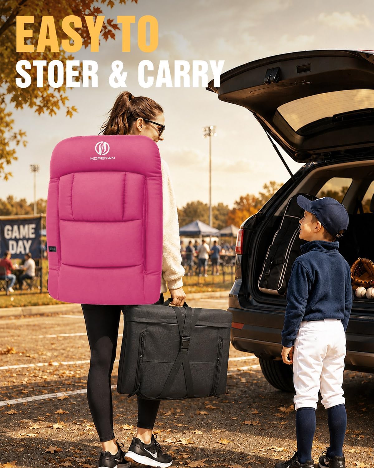 HOPERAN 25in Heated Stadium Seats for Bleachers, 4.3" Extra Thick, Pink | Super Soft Sofa-Style, Independent Seat&Back 3 Level Heat (NO Battery), 6 Recliner, Anti-Slip, Side Pockets, Backpack Straps