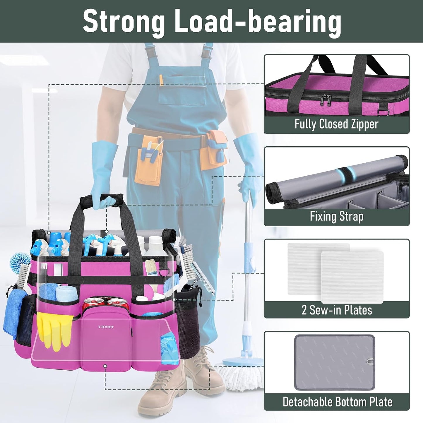 Ytonet Cleaning Caddy with Wheels, Extra Large Rolling Cleaning Caddy Bag | with Detachable Trolley for Housekeepers, Water Resistant Cleaner Supplies Organizer with Wheels for Kitchen, Tool Organizer