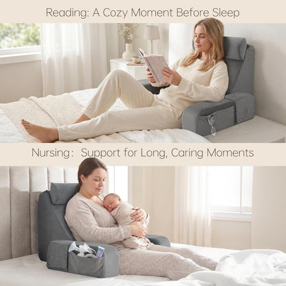 ENITYA 19" Reading Pillow for Bed with Firm Back Support & Big Pockets | Back Pillow for Bed Sitting Up/Watching TV/Nursing/Recovery/Gaming,High Density Foam,Machine Washable Cover,Light Grey