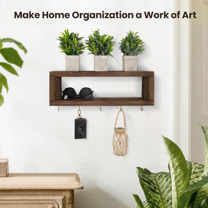 Lwenki Wall Shelf with Hooks - Decorative Key and Wallet Holder for Wall Holds Sunglasses, Leashes, Scarves and Lanyards - 15.7" x 5.1" x 2.9" Entryway Organizer Made of Paulownia Wood (White)