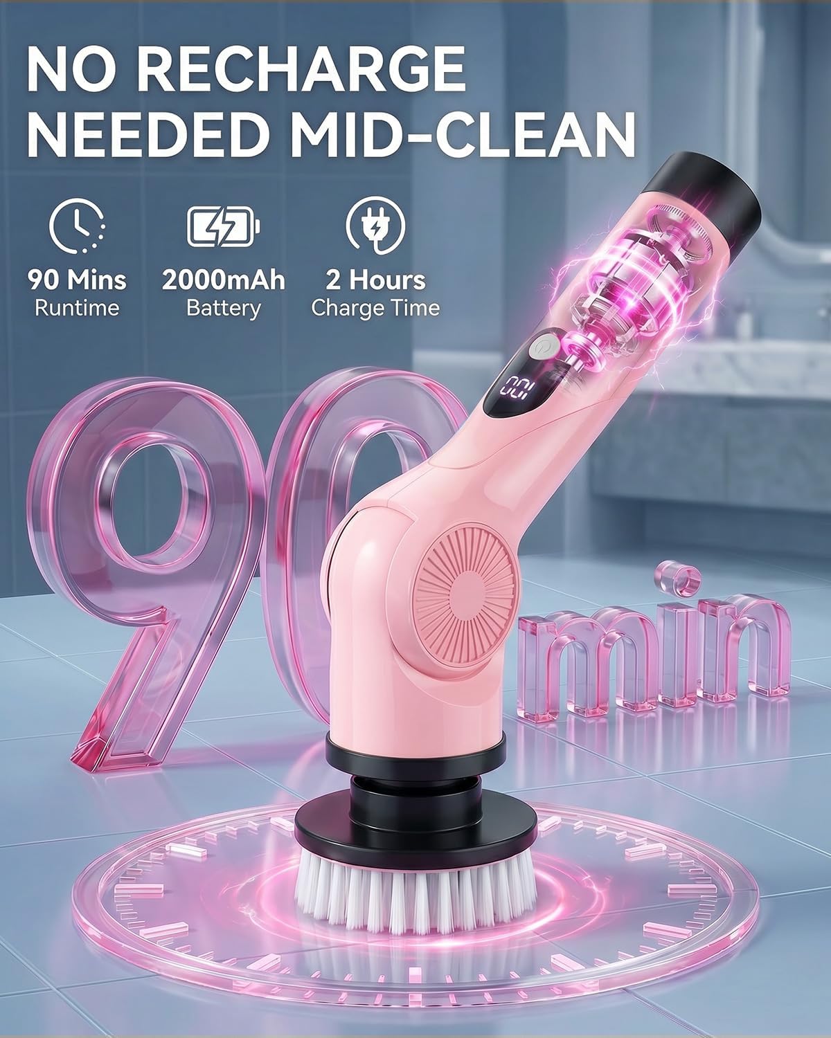Electric Spin Scrubber, 3-Speed Shower Scrubber with Long Handle & 10 Replaceable Brush Heads, Cordless Full-Body IPX7 Waterproof Shower Cleaner Brush with 90 Mins Runtime for Bathroom