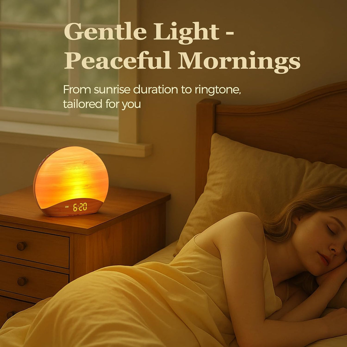 REACHER Wood Grain Sunrise Alarm Clock, Bluetooth Speaker, FM Radio & Light