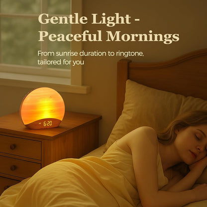 REACHER Wood Grain Sunrise Alarm Clock, Bluetooth Speaker, FM Radio & Light