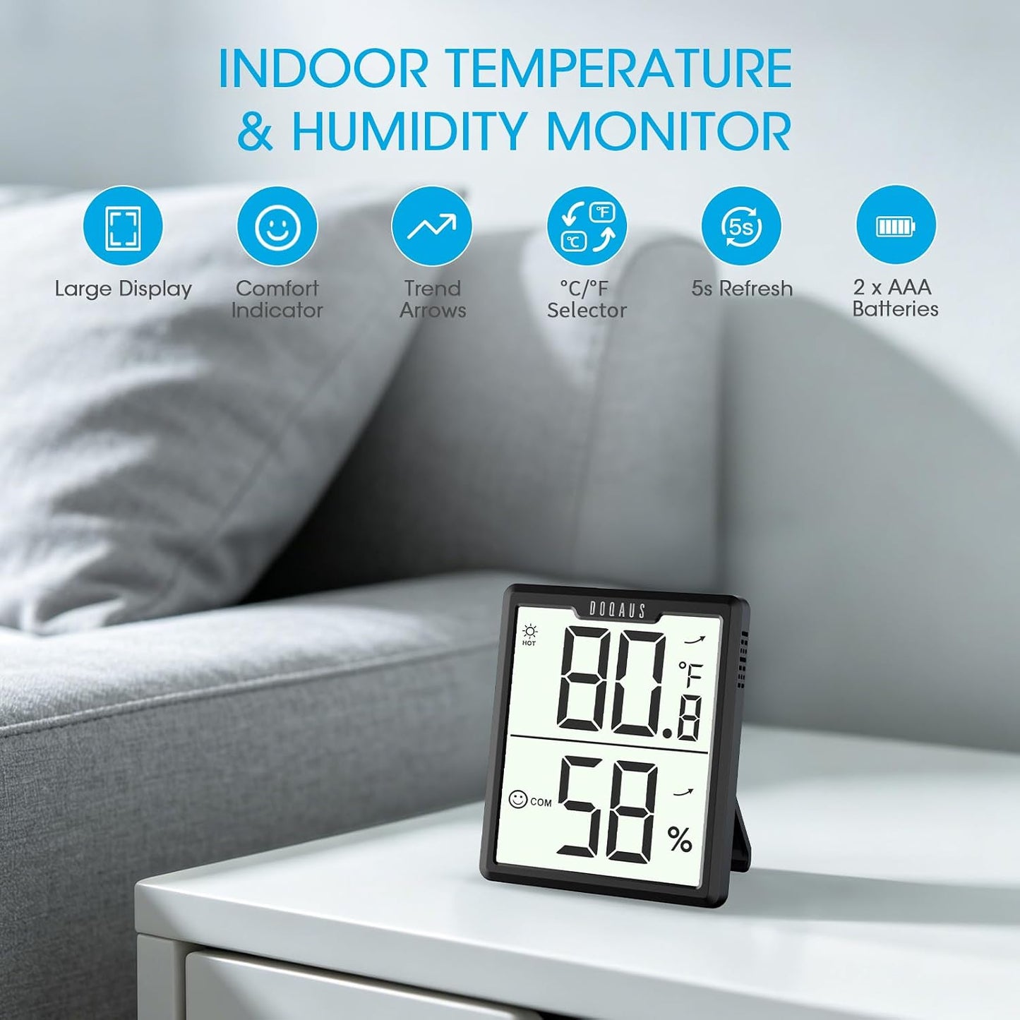DOQAUS 3 Pack Digital Hygrometer Indoor Thermometer Black | Room Thermometer with Temperature and Humidity Monitor, 3.4" Large Display, Humidity Meter for House, Baby Room, Greenhouse