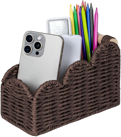 CubesLand Bedside Table Desk Organizer Caddy, Remote Pen&Pencil Holder Cup | Makeup Brush Holder w/Scalloped Perfect for Home, Office Desk, Living Room Table Decor, 3 Slots Neutral