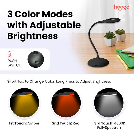 hooga Desk Lamp, Blue Light Blocking, 3 Modes: Amber 1600K, Red, Full-Spectrum 4000K, Dimmable, Rechargeable, Eye Strain Relief, Circadian Friendly