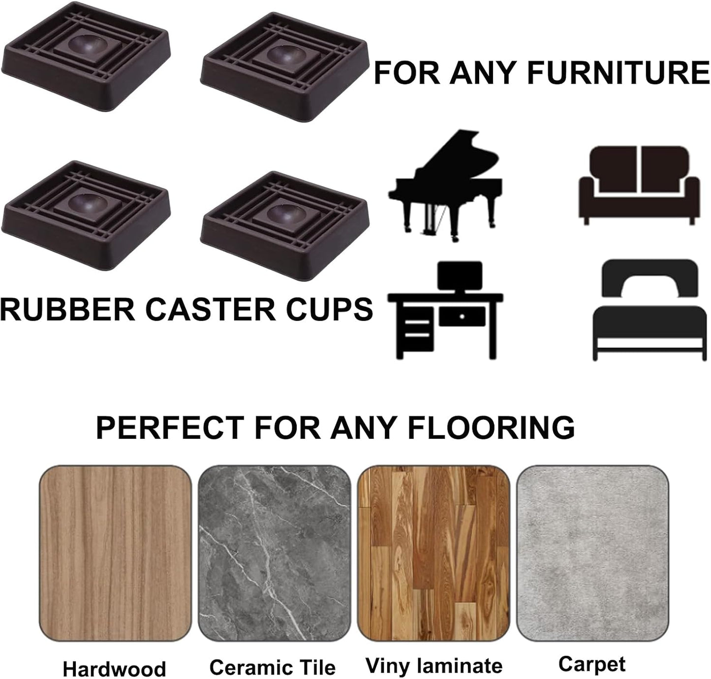 Semetall 1.5 Inch Rubber Caster Cups 8 Pack Black | Non Slip Furniture Coasters Floor Protectors for Bed Couch Table Chair