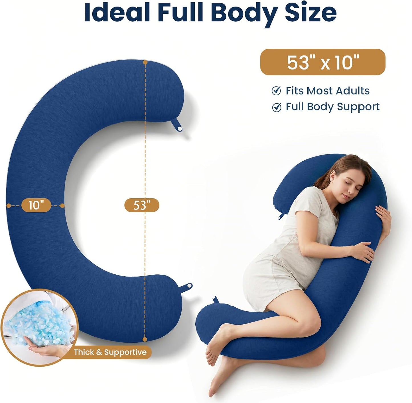 TranquilRelax C Shaped Body Pillow for Side Sleepers, Memory Foam Long Pillow for Leg, Hip & Back Support, Soft Washable Cover,Grey-47"*10"