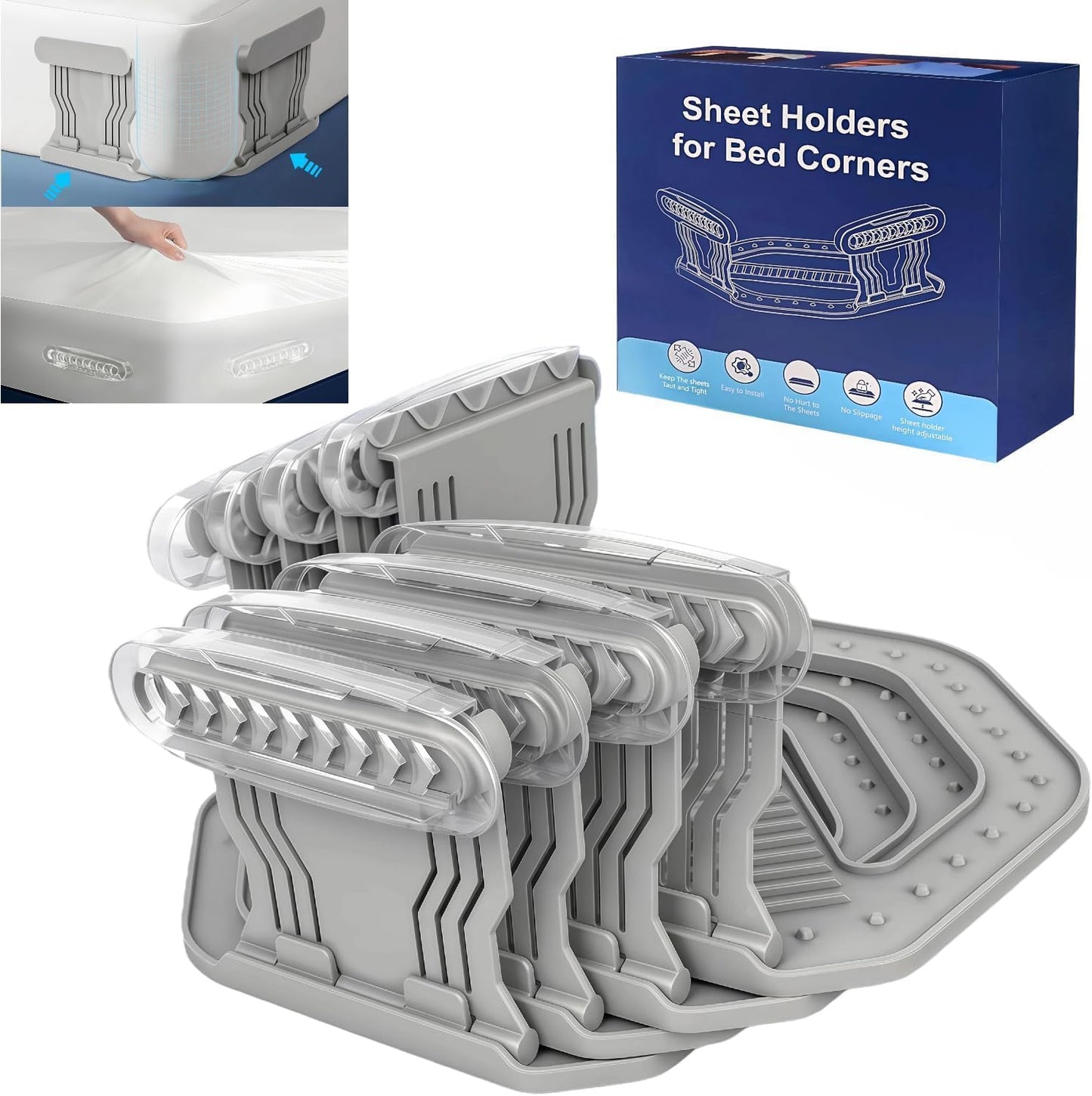 4Pcs Bed Sheet Straps – No-Slip Adjustable Clips for Mattress, Keeps Sheets Tight (White)